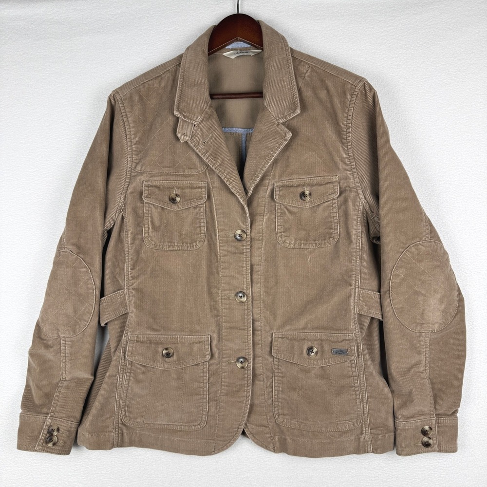 L.L. Bean Corduroy Jacket Womens L Quilted Elbow Patch Utility Field Coat 291341
